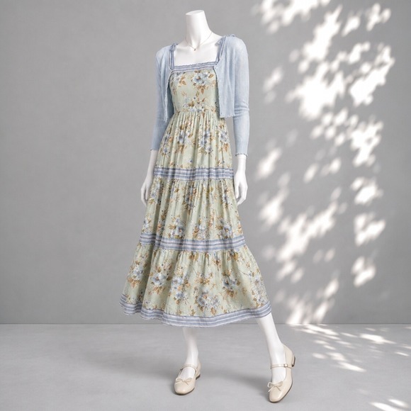 Sweet Wanderer Dresses & Skirts - Sweet Wanderer Blue Green Floral Fairycore Midi Dress M Square Neck Cottagecore
